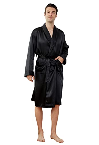 Westkun Herren Morgenmantel Kimono Bademantel Satin Lang Nachtwäsche Robe Strickjacke Japanische Pyjamas Nachtwäsche V Ausschnitt mit Taschen und Gürtel(Schwarz,3XL) von Westkun