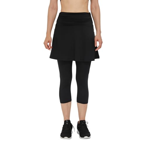 Westkun Leggings mit Rock Damen Tights mit Umschlagtaille Rock Tennisrock mit Leggings Pickleball Skorts Tennis Yoga Laufskort Golf Rock Capris 3/4 2-in-1 Schwarz-Geraffte Taille XL von Westkun