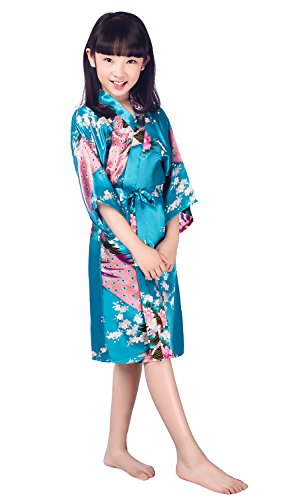 Westkun Mädchen Kimono Kinder Morgenmantel Satin Seide Japanisch Roben Kurze Blumen Muster Bademantel(Blau,Tag 14) von Westkun