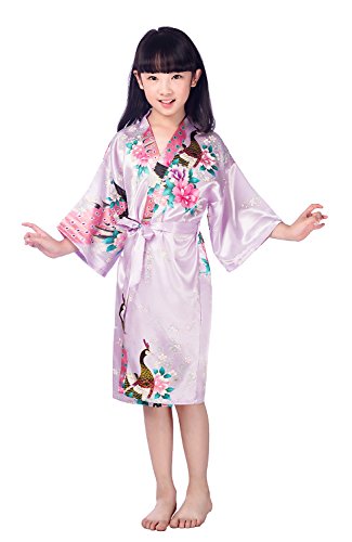 Westkun Mädchen Kimono Kinder Morgenmantel Satin Seide Japanisch Roben Kurze Blumen Muster Bademantel(Helllila,Tag 10) von Westkun