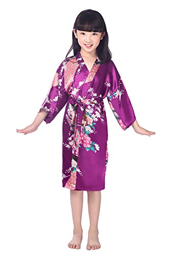 Westkun Mädchen Kimono Kinder Morgenmantel Satin Seide Japanisch Roben Kurze Blumen Muster Bademantel(Lila,Tag 10) von Westkun