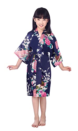 Westkun Mädchen Kimono Kinder Morgenmantel Satin Seide Japanisch Roben Kurze Blumen Muster Bademantel(Marine,Tag 12) von Westkun