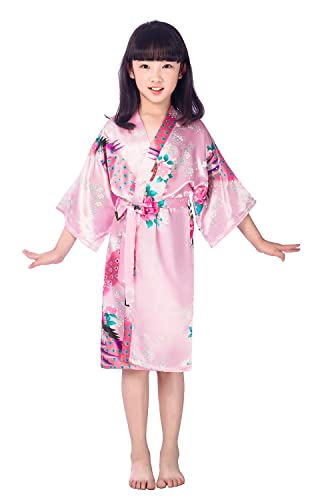 Westkun Mädchen Kimono Kinder Morgenmantel Satin Seide Japanisch Roben Kurze Blumen Muster Bademantel(Rosa,Tag 14) von Westkun
