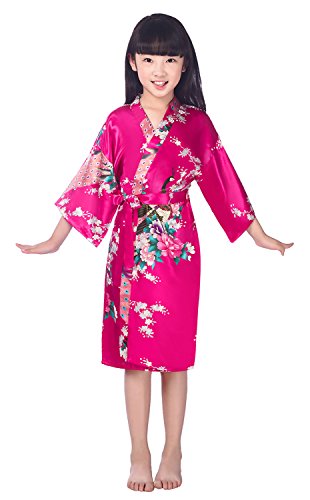 Westkun Mädchen Kimono Kinder Morgenmantel Satin Seide Japanisch Roben Kurze Blumen Muster Bademantel(Rose Rot,Tag 12) von Westkun