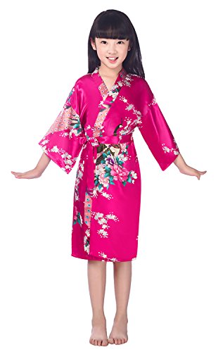 Westkun Mädchen Kimono Kinder Morgenmantel Satin Seide Japanisch Roben Kurze Blumen Muster Bademantel(Rose Rot,Tag 14) von Westkun