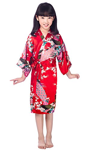 Westkun Mädchen Kimono Kinder Morgenmantel Satin Seide Japanisch Roben Kurze Blumen Muster Bademantel(Rot,Tag 10) von Westkun