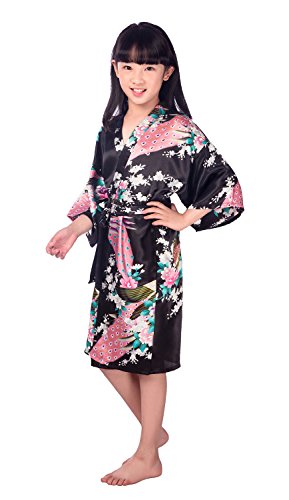 Westkun Mädchen Kimono Kinder Morgenmantel Satin Seide Japanisch Roben Kurze Blumen Muster Bademantel(Schwarz,Tag 10) von Westkun