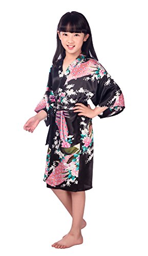 Westkun Mädchen Kimono Kinder Morgenmantel Satin Seide Japanisch Roben Kurze Blumen Muster Bademantel(Schwarz,Tag 14) von Westkun