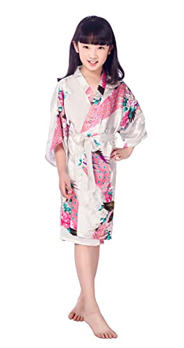 Westkun Mädchen Kimono Kinder Morgenmantel Satin Seide Japanisch Roben Kurze Blumen Muster Bademantel(Weiß,Tag 12) von Westkun