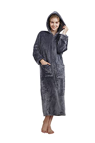 Westkun Morgenmantel Herren Damen Reißverschluss Bademantel Langarm Kapuze Fleece Warm Hausmantel Loungewear mit Taschen Grau A,L von Westkun