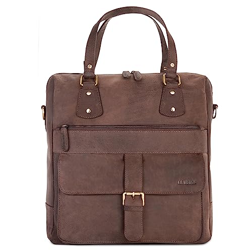 LEABAGS Leder Handtasche Damen I Premium Echtleder Umhängetasche I Damen Schultertasche I Damentasche I Tragetasche für Arbeit Uni Schule Freizeit I 36 x 37 x 10 cm I Nature Dunkelbraun von LEABAGS