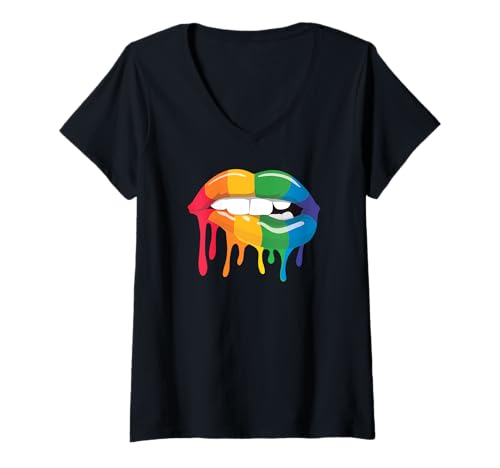 Damen LGBT Bunte Regenbogenfarben Lippen T-Shirt mit V-Ausschnitt Damen LGBT Bunte Regenbogenfarben Lippen T-Shirt mit V-Ausschnitt von Wet Dripping LGBTQ Lips