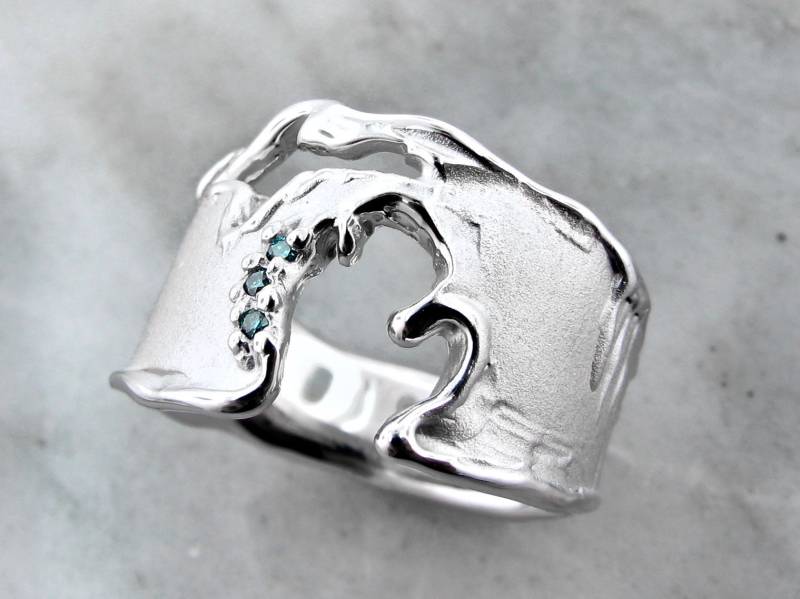 Miyuki Silber Blau Diamant Ring Fäustling Zustand Liebe Breites Band Miyuki Silber Blau Diamant Ring Fäustling Zustand Liebe Breites Band von WexfordJewelers