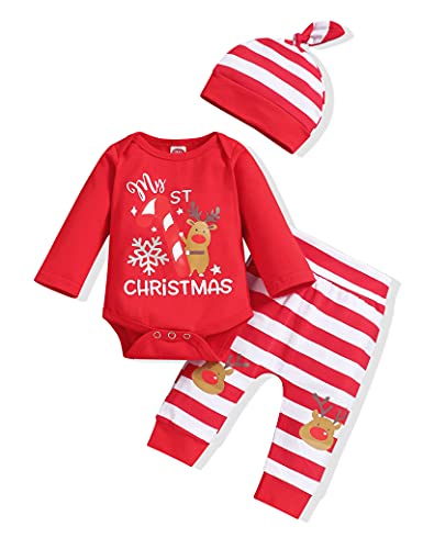 Wexuua My First Christmas Baby Mädchen Jungen Roter Strampler mit gestreifter Hose und Hut 3-teiliges Neugeborenen-Outfit-Set von Wexuua