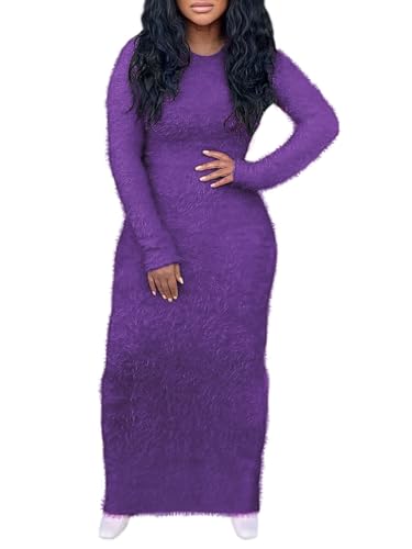 Weyalir Damen Maxikleider Rundhalsausschnitt -Hals Pullover Kleid Flauschiges Fleece Lässig Frauen Lange Ärmel Winter Violett XXL von Weyalir