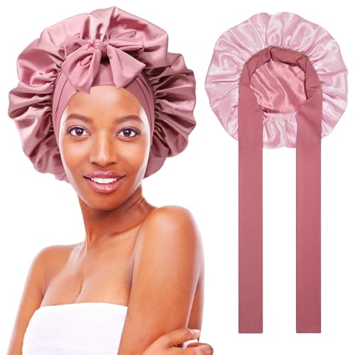 Satin Bonnet Nacht Schlafmütze, Verstellbare Seidenhaube, Atmungsaktive Schlafmütze Damen Mädchen Satin Haarhaube für die Nacht Haare Schützen, Doppelseitiger zweifarbiger Schlafmütze von Wffeila