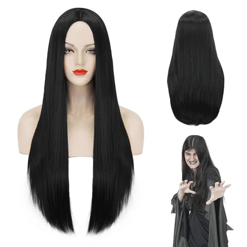 Schwarze Perücken Perücken Damen Perücken Lange Gerade Perücken Rollenspiel Perücken Hexen Perücken Frauen Lang Schwarz Geeignet für Rollenspiele, Partys, Halloween und Cosplay von Wffeila