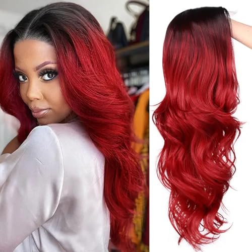 Wffeila Perücke Rot Langhaar Damen Frauen Perücke Lockig Gewellt Schwarz Ombre Rot Mittelteil Wellige Synthetische Lang Locken Wig Cosplay Halloween Kostüm Party von Wffeila