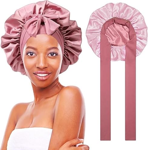 Wffeila Satin Bonnet Nacht Schlafmütze,Große Doppelseitig Seidenhaube zum Schlafen,Schlafhaube Seide für Die Nacht,Seidenhaube zum Schlafen mit Gummizug für Damen (Rosa) von Wffeila