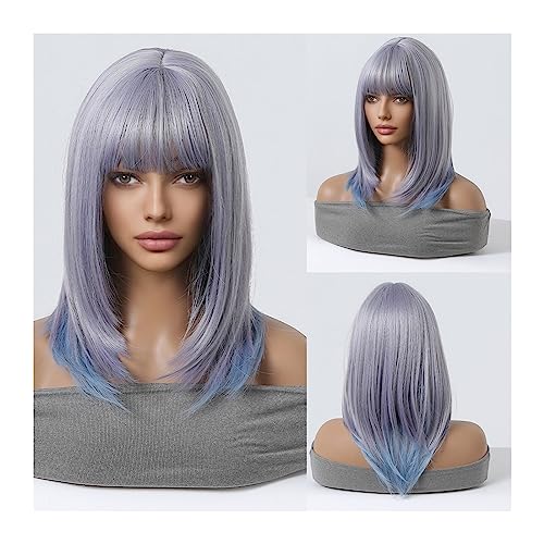 Perücken Echthaar 14 Zoll/35 cm Lila Blau Ombre Cosplay Synthetische Perücken Kurzer Bob Gerade Lolita Halloween Haarperücke mit Pony for Frauen Hitzebeständig Perücken für Damen von WFchenj222-6
