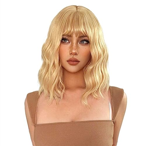Perücken Echthaar 14 Zoll kurze blonde goldene Lolita Cosplay synthetische Perücken mit Pony for Frauen täglich natürliche gewellte Kunsthaar hitzebeständige Faser Perücken für Damen von WFchenj222-6