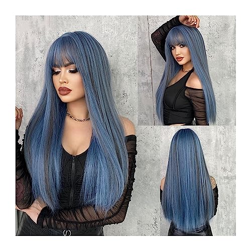 Perücken Echthaar 24 Zoll 1 STÜCK Mode Frauen Synthetische Perücken mit Pony Meerjungfrau Blau Farbe Lange Gerade Perücken Cosplay Gefälschte Haar Natürliche Hitzebeständige Perücken Perücken für Dame von Wfxjyg2223
