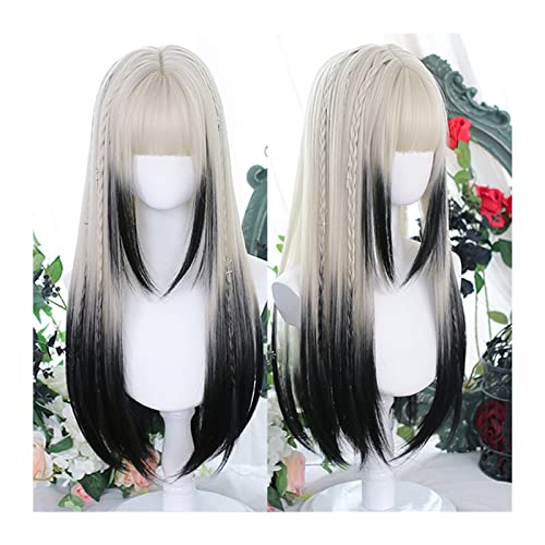 Perücken Echthaar Dunkelgraue Perücke mit silberfarbenem Farbverlauf mit Pony, synthetische, lange, glatte Haarperücke for Frauen, glatte, glatte Party-Cosplay-Halloween-Perücke Perücken für Damen von Wfxjyg2223