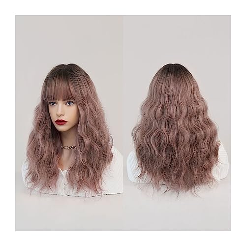 Perücken Echthaar Dunkelrote Perücken for Frauen, burgunderfarbene, gewellte Perücke mit Pony, bunte synthetische Ombre-Rot-Perücke for die tägliche Party Perücken für Damen(Ombre pink) von WFchenj222-6