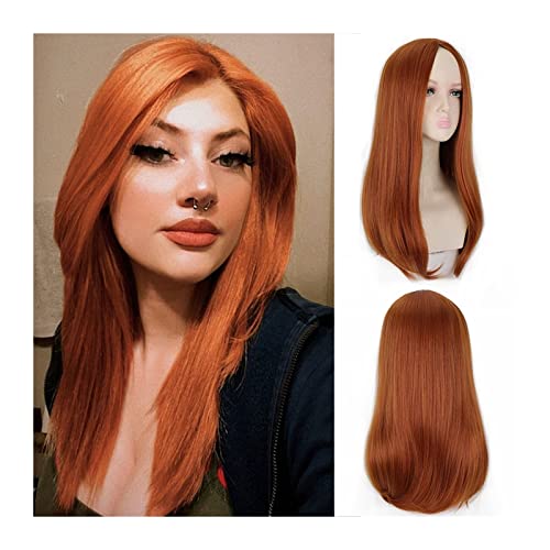 Perücken Echthaar Lange orangefarbene Perücke for Frauen, orangefarbene Mittelteil-Perücke mit glattem Haar, natürliche hitzebeständige Kunstfaser-Perücke for den täglichen Party-Cosplay-Gebrauch Perü von Wfxjyg2223