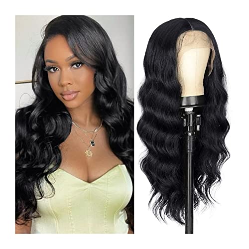 Perücken Echthaar Lange schwarze Perücke for Frauen, natürliche Körperwelle, Spitzenperücke, vorgezupfter Haaransatz, Mittelteil, lockige Perücken, hitzebeständige synthetische Perücken for den täglic von Wfxjyg2223