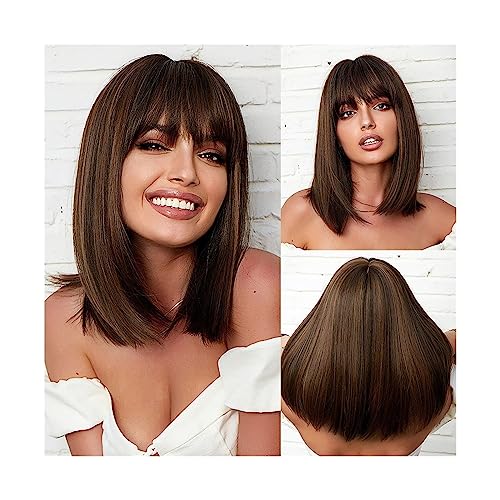 Perücken Echthaar Schulterlange Kunsthaar-Perücke, gerade, braun-blond, Bob-Perücken for schwarze Frauen, hitzebeständige tägliche Party-Perücke mit Pony Perücken für Damen von WFchenj222-6