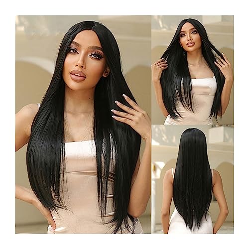 Perücken Echthaar Synthetische lange gerade natürliche schwarze Mittelteil-Perücken for weiße Frauen Afro tägliches Cosplay-Party-Haar hitzebeständige Faser Perücken für Damen von Wfxjyg2223