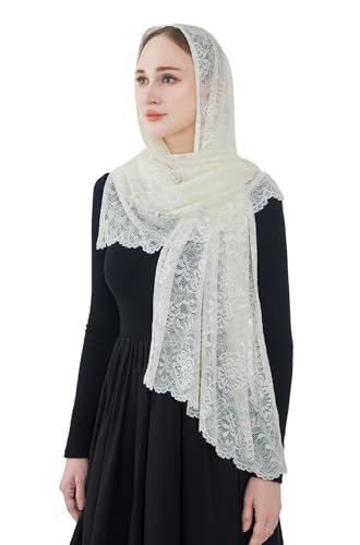 Wgior Eleganter katholischer Kirchenschleier mit Blumenmuster, weicher Mantilla-Kapelle, Gebetsschal, Wickeltuch, Kopftuch, Elfenbein, Medium von Wgior