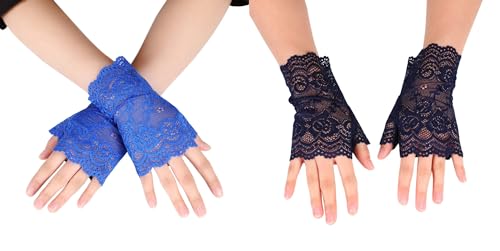 2 Paar Damen Fingerlose Spitzen Handschuhe,Kurze Hochzeitshandschuhe,Kurz Geschnittene Fingerlose Gloves Damen Mädchen Braut,für Bankett,Party,Hochzeit,Tea Party Zubehör,Königsblau + Navy blau von Whakano