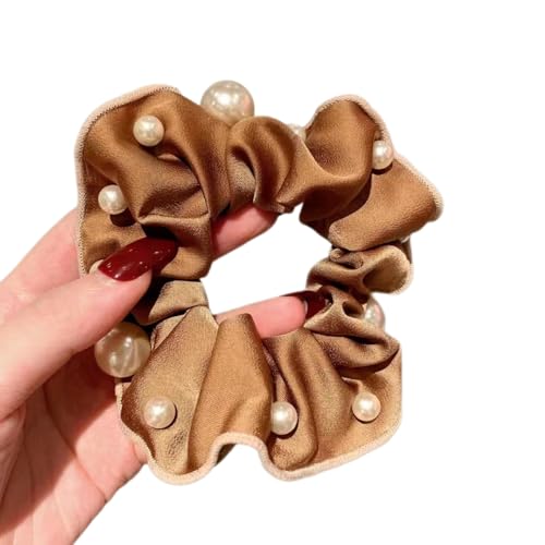 2 Stück Mode Haargummi mit Perle,Französisch Haare Ringe,Haarbänder geeignet für Damen und Frauen,Pferdeschwanz-Halter,Zopfgummi Scrunchies Haarschmuck Zubehör,Gummibänder,Kaffee von Whakano