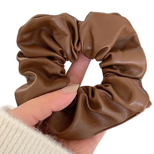 4 Stück PU Leder Haargummis für Damen Haarschmuck breit Haare Ringe Scrunchies Haarbänder Gummibänder,Pferdeschwanz Haargummis für Mädchen Damen,Halt Elastische Dicke Bänder,Dunkelbraun von Whakano