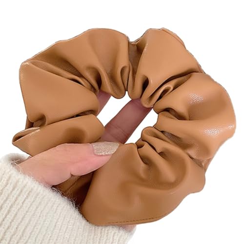 4 Stück PU Leder Haargummis für Damen Haarschmuck breit Haare Ringe Scrunchies Haarbänder Gummibänder,Pferdeschwanz Haargummis für Mädchen Damen,Halt Elastische Dicke Bänder,Hellbraun von Whakano