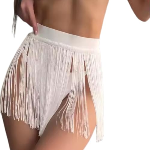 Elastischer Fransenrock Damen,Strand Wrap,Strandtuch mit Fransen,Festival Outfit Bauchtanz Hüfttuch,Belly Dance Performance Kostüm,Strand Cover Up Bikini,Rock für Rave Accessoires,Weiß,M von Whakano