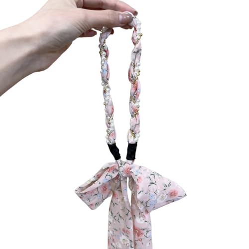 Modisches Geflochten Perle Stirnbänder,Blumen Haarbänder mit Lange Band,Haar-Accessoire,Kopfschmuck Haarschmuck für Damen Mädchen,Headwrap Perfekter für Partys Hochzeit Karneval,Rosa von Whakano
