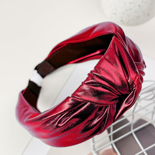 PU Leder-Stirnband,Breite Retro Stirnband für Damen,Geknotetes Haarreifen,Haarreif Haarschmuck für Damen und Mädchen,Hochzeit,Geburtstag,Party,Bühne,Urlaub,Yoga,Gesicht waschen,Rot von Whakano