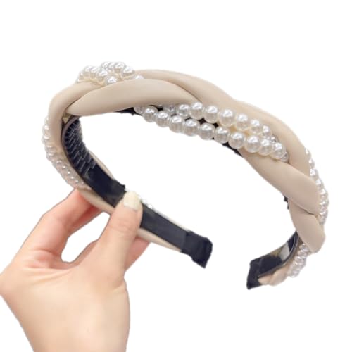 Perle Leder-Stirnband,Zweisträngiges Geflochtenes Stirnband für Damen,Rutschfestes Haarreifen,Stirnbänder mit Zähnen Dünne,Haarreif Haarschmuck,Haarband für Damen und Mädchen,Beige von Whakano