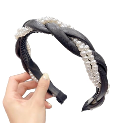 Perle Leder-Stirnband,Zweisträngiges Geflochtenes Stirnband für Damen,Rutschfestes Haarreifen,Stirnbänder mit Zähnen Dünne,Haarreif Haarschmuck,Haarband für Damen und Mädchen,Schwarz von Whakano