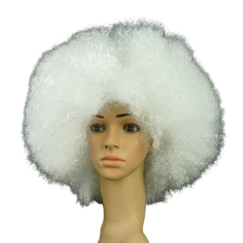 Rocker Punk Perücke Erwachsenen Wig,70er Jahre Party Perücke,Flauschig Explosive Kopf,Synthetische Haare für Fasching & Motto Themenparty Halloween Weihnachten Cosplay Disco,Weiß von Whakano