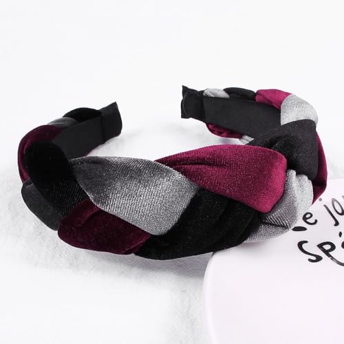 Samt Geflochtenes Stirnband für Damen,Breite Stirnband,Haarband Haarreifen,Stoff Haarreif Haarschmuck für Damen und Mädchen,Hochzeit,Party,Bühne,Urlaub,Yoga,Gesicht waschen,Schwarz Grau Rot von Whakano