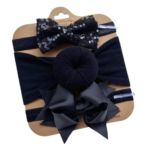 Schleife Baby Haarbänder 3-teiliges Set,Nylon Stirnbänder mit Pailletten,Elastische Haarschmuck Kopfbedeckung für Baby Mädchen Neugeborene,Kleinkinder,Taufe Party Fotografie,Black von Whakano