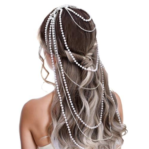 Stirnbänder mit Perlenfransen,Modisches Kopfschmuck Haarband,Lange Quasten Haarschmuck für Damen Mädchen,Haar Accessories,Perfekter für Partys Hochzeit Cosplay Karneval,Weiß von Whakano
