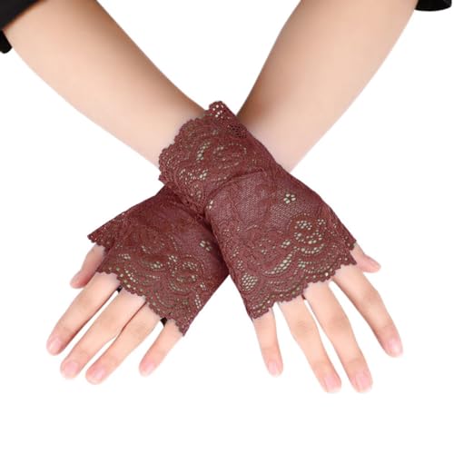 Whakano 1 Paar Damen Fingerlose Spitzen Handschuhe,Kurze Hochzeitshandschuhe,Kurz Geschnittene Fingerlose Gloves Damen Mädchen Braut,für Halloween,Bankett,Party,Hochzeit,Tea Party Zubehör,Braun von Whakano