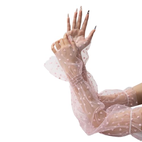 Whakano Armstulpen,53cm Atmungsaktive Tüll Arm Sleeves,Herzmuster Armstulpen,Puffärmel Design Uv Schutz Arm Ärmel Abnehmbare Sommerhandschuhe,für Party Outdoor Hochzeitskleid Abschlussball,Rosa von Whakano