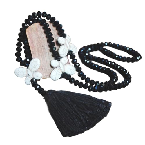 Whakano Böhmen Kristall Perlen Ketten,Schmetterling Handgemachte Halskette,Damen-Halskette Mit Quaste Anhänger,Pullover Kette Halsschmuck,Elegant Perlenkette Halsschmuck für Frauen Mädchen,Schwarz von Whakano