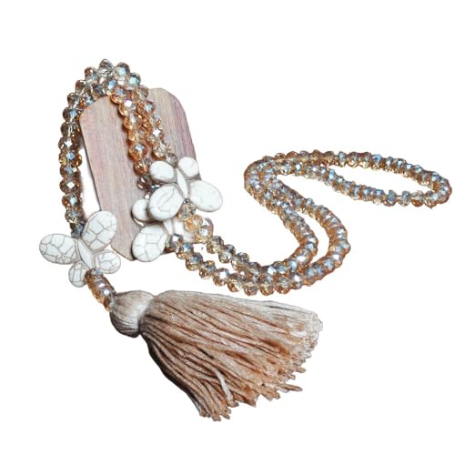 Whakano Böhmen Kristall Perlen Ketten,Schmetterling Handgemachte Halskette,Damen-Halskette Mit Quaste Anhänger,Pullover Kette Halsschmuck,Elegant Perlenkette Halsschmuck für Frauen Mädchen,Khaki von Whakano